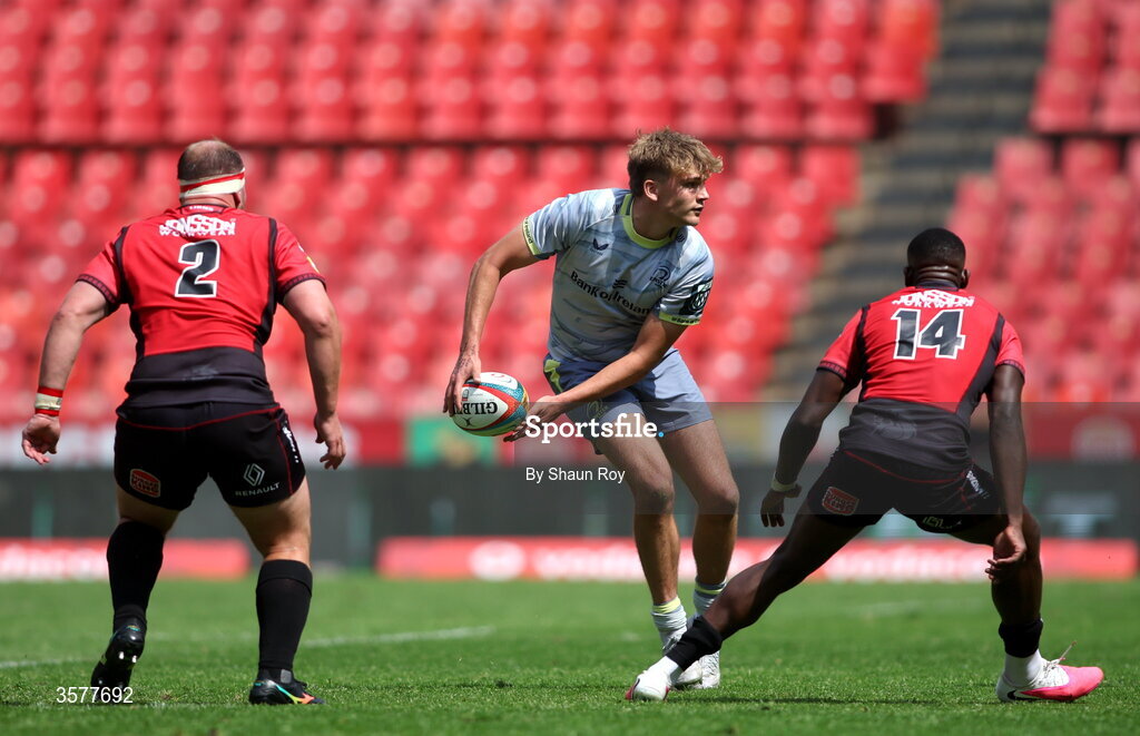 26 September 2026; Caspar Gabriel of Leinster in action against PJ Botha, left, and Kelly Mpeku of 10bet Lions during the United Rugby Championship match between Lions and Leinster at Ellis Park in Johannesburg, South Africa. Photo by Shaun Roy/Sportsfile