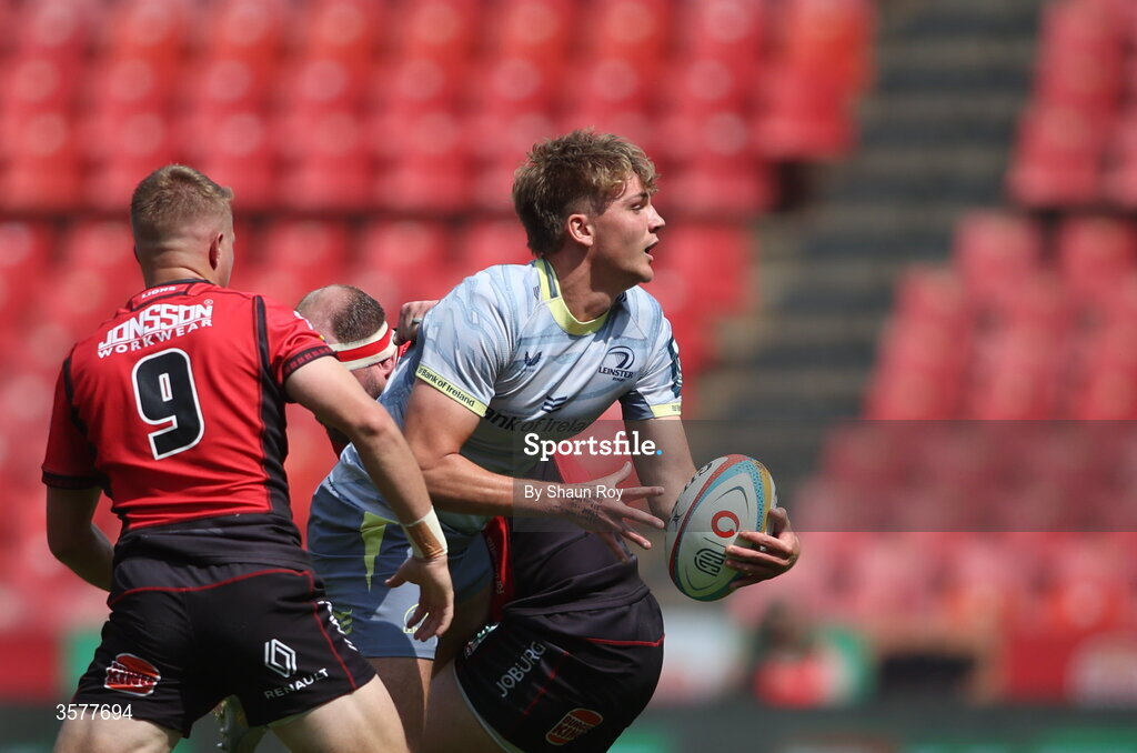 26 September 2026; Caspar Gabriel of Leinster in action against Nico Steyn, left, and PJ Botha of 10bet Lions during the United Rugby Championship match between Lions and Leinster at Ellis Park in Johannesburg, South Africa. Photo by Shaun Roy/Sportsfile