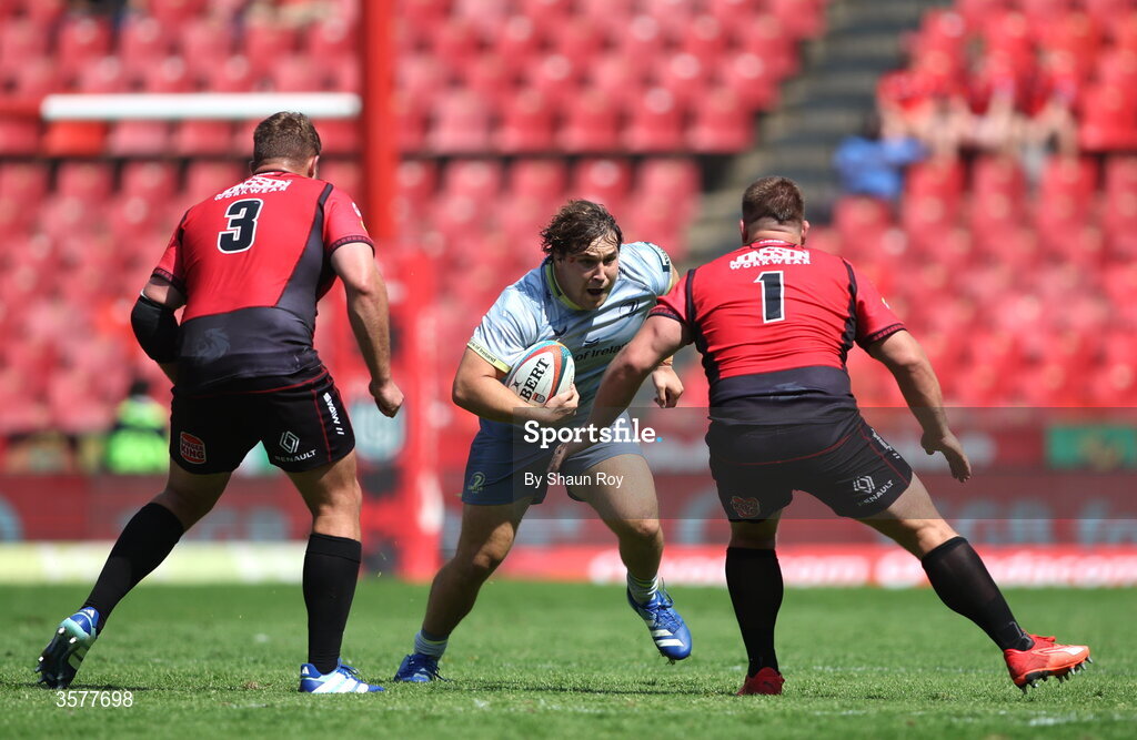 26 September 2026; Alex Usanov of Leinster in action against Sebastian de Klerk, left, and Boan Venter of 10bet Lions during the United Rugby Championship match between Lions and Leinster at Ellis Park in Johannesburg, South Africa. Photo by Shaun Roy/Sportsfile
