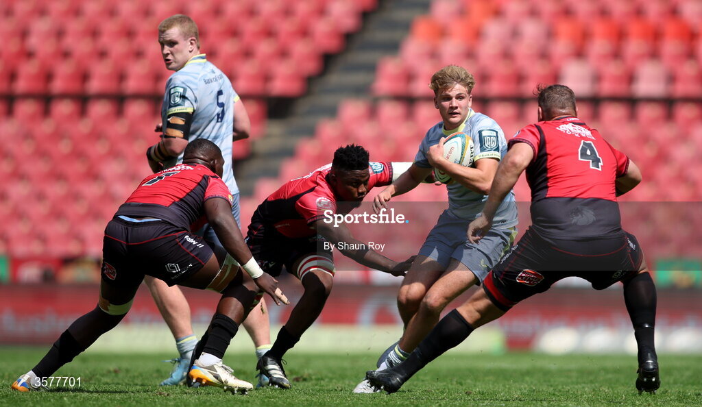 26 September 2026; Caspar Gabriel of Leinster in action against Etienne Oosthuizen of 10bet Lions during the United Rugby Championship match between Lions and Leinster at Ellis Park in Johannesburg, South Africa. Photo by Shaun Roy/Sportsfile