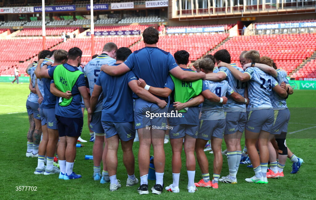 26 September 2026; Leinster team huddle after the United Rugby Championship match between Lions and Leinster at Ellis Park in Johannesburg, South Africa. Photo by Shaun Roy/Sportsfile