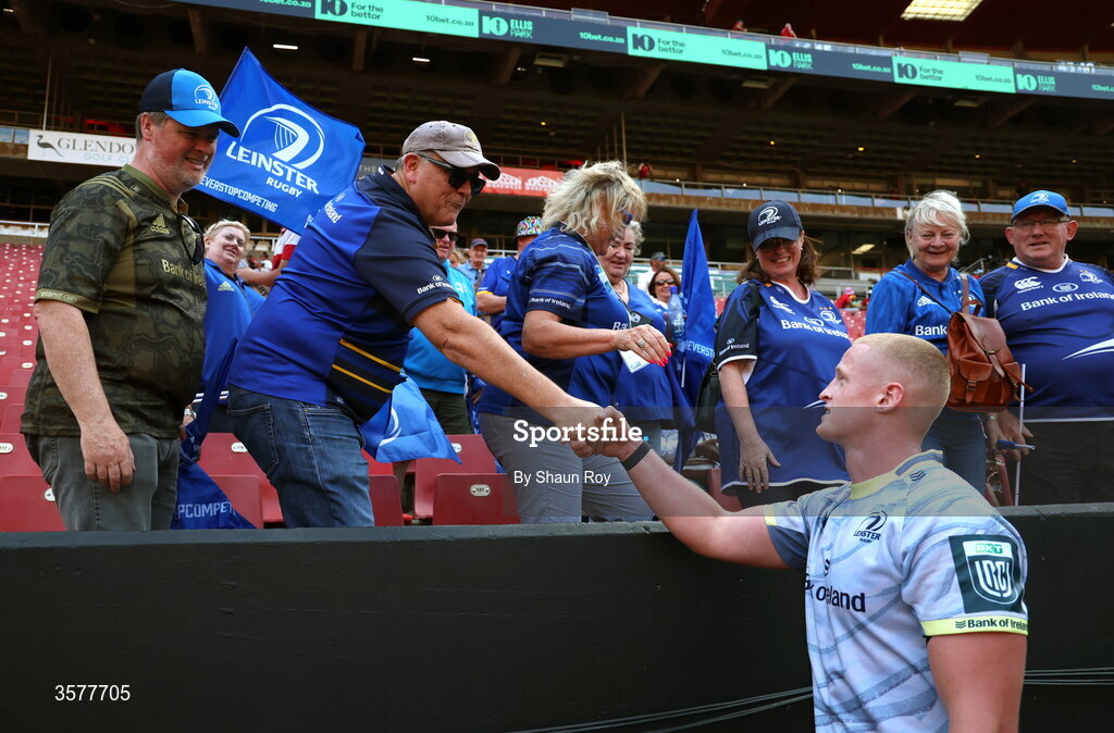26 September 2026; Dylan McNeice of Leinster with Leinster supporters after the United Rugby Championship match between Lions and Leinster at Ellis Park in Johannesburg, South Africa. Photo by Shaun Roy/Sportsfile