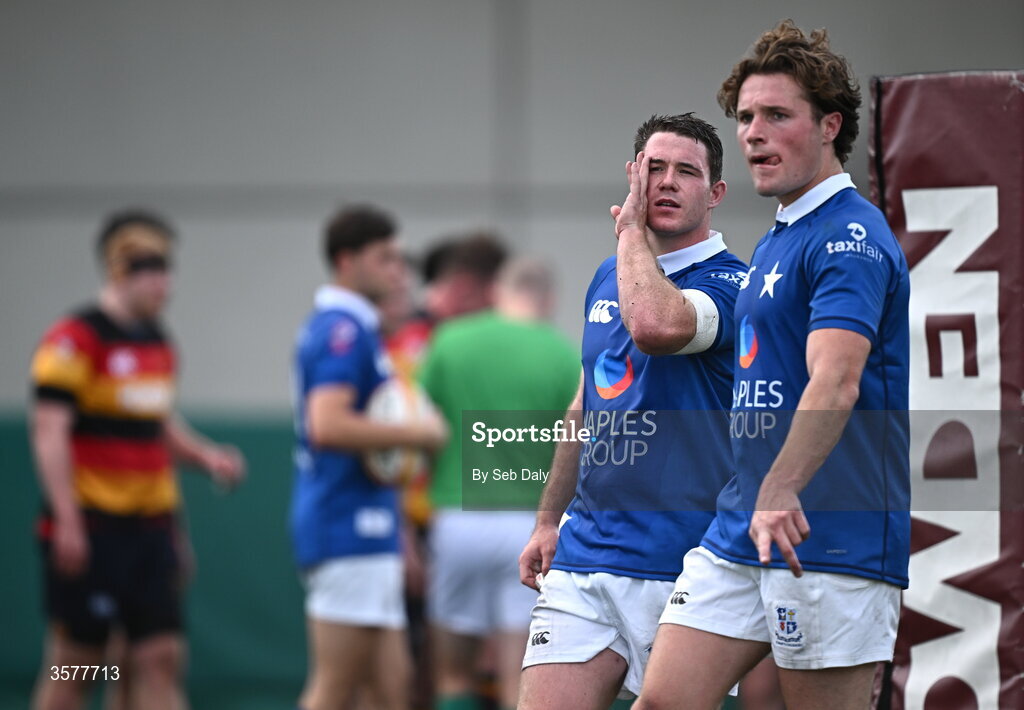 26 September 2026; St Mary’s College players Mick O'Gara, left, and Myles Carey during the Energia Men's All-Ireland League Division 1A match between Lansdowne FC and St Mary's College RFC at the Aviva Stadium in Dublin. Photo by Seb Daly/Sportsfile