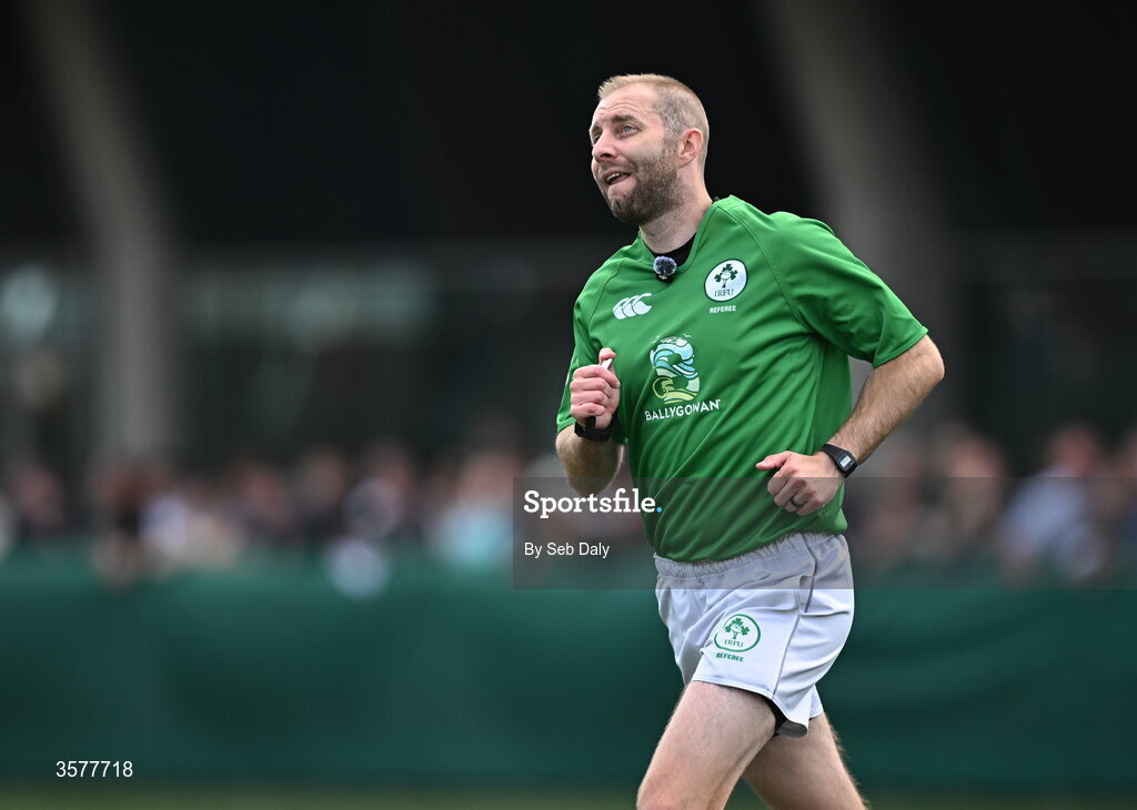 26 September 2026; Referee Daniel Carson during the Energia Men's All-Ireland League Division 1A match between Lansdowne FC and St Mary's College RFC at the Aviva Stadium in Dublin. Photo by Seb Daly/Sportsfile