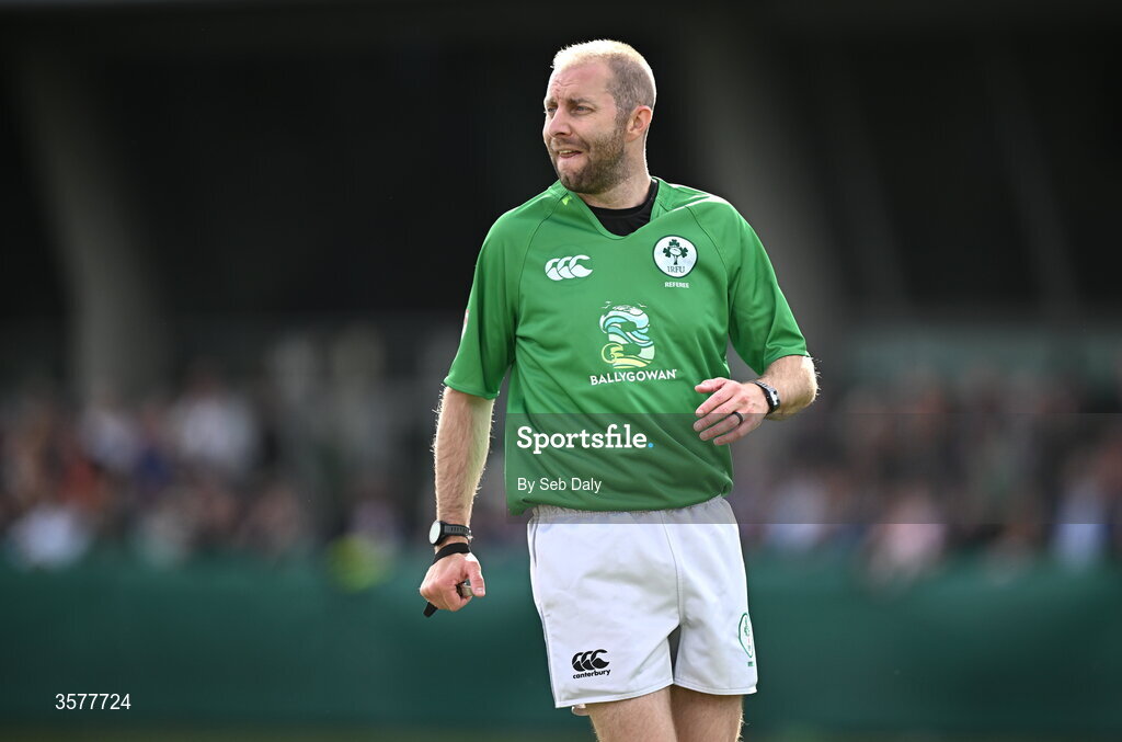 26 September 2026; Referee Daniel Carson during the Energia Men's All-Ireland League Division 1A match between Lansdowne FC and St Mary's College RFC at the Aviva Stadium in Dublin. Photo by Seb Daly/Sportsfile