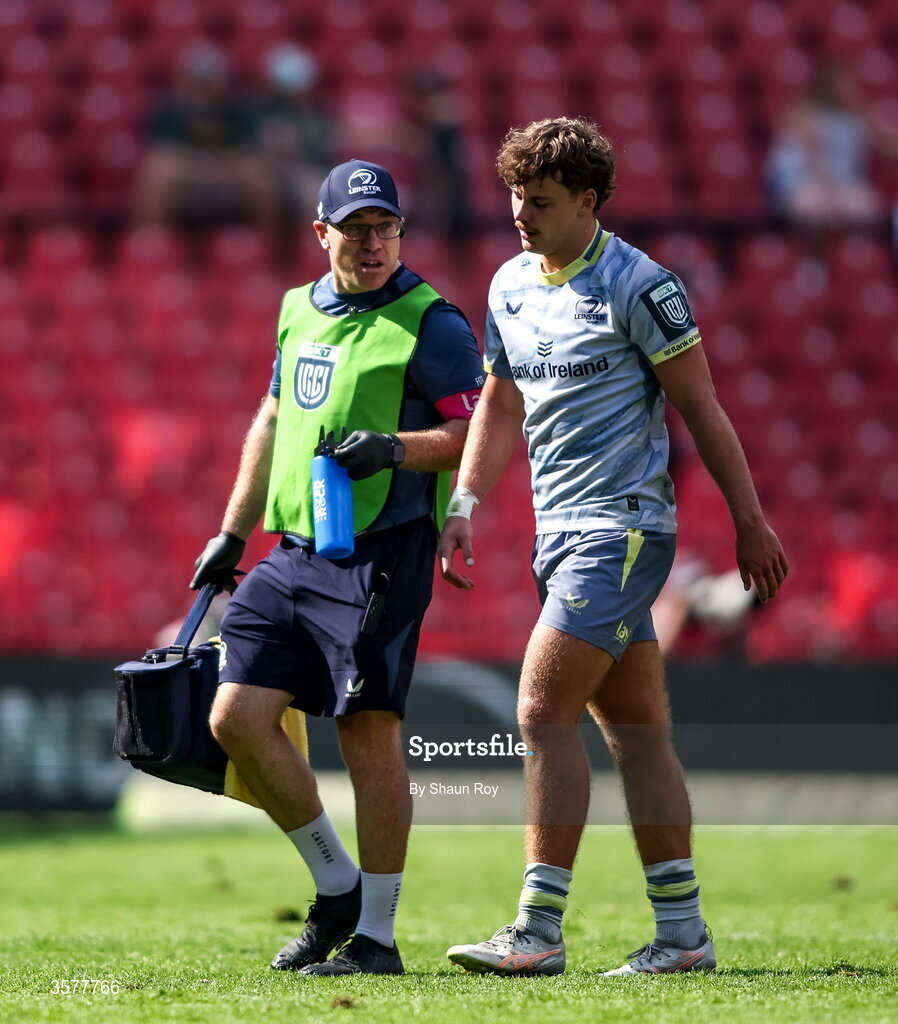 26 September 2026; Todd Lawlor of Leinster leaves the pitch with an injury, accompanied by team doctor Frank O'Leary, during the United Rugby Championship match between Lions and Leinster at Ellis Park in Johannesburg, South Africa. Photo by Shaun Roy/Sportsfile