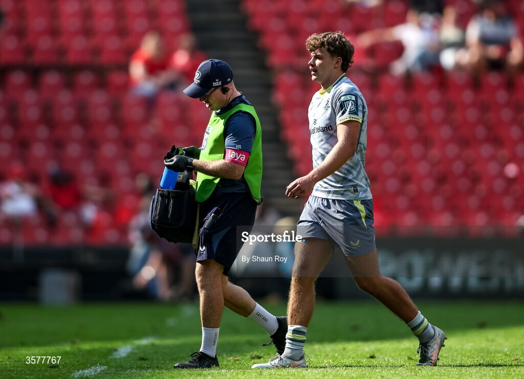 26 September 2026; Todd Lawlor of Leinster leaves the pitch with an injury, accompanied by team doctor Frank O'Leary, during the United Rugby Championship match between Lions and Leinster at Ellis Park in Johannesburg, South Africa. Photo by Shaun Roy/Sportsfile