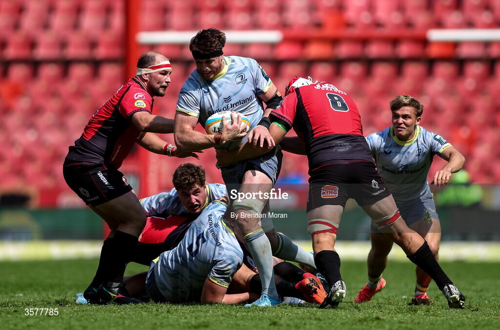 26 September 2026; Ryan Baird of Leinster is tackled by PJ Botha and Francke Horne of 10bet Lions during the United Rugby Championship match between Lions and Leinster at Ellis Park in Johannesburg, South Africa. Photo by Shaun Roy/Sportsfile Photo by Brendan Moran/Sportsfile
