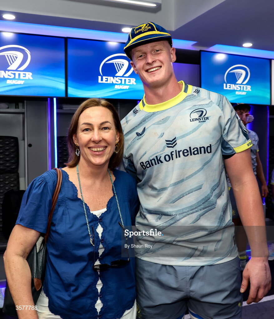 26 September 2026; Dylan McNeice of Leinster with his mother after the United Rugby Championship match between Lions and Leinster at Ellis Park in Johannesburg, South Africa. Photo by Shaun Roy/Sportsfile