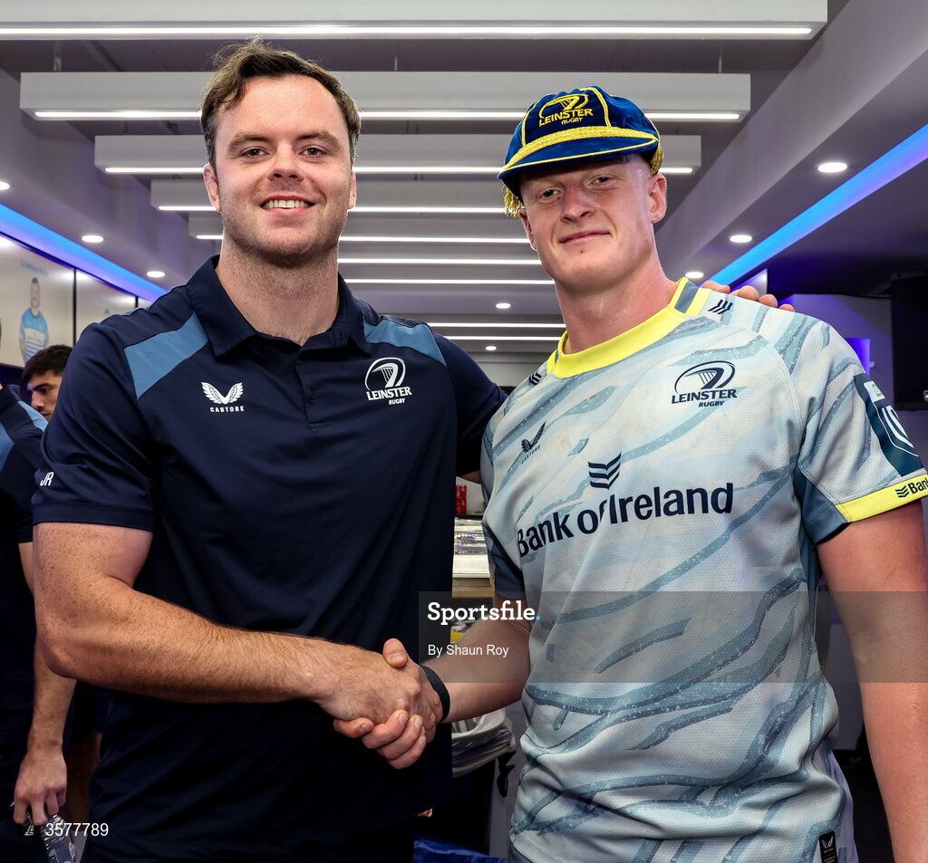 26 September 2026; Leinster debutant Dylan McNeice is presented with his first cap by teammate James Ryan after the United Rugby Championship match between Lions and Leinster at Ellis Park in Johannesburg, South Africa. Photo by Shaun Roy/Sportsfile