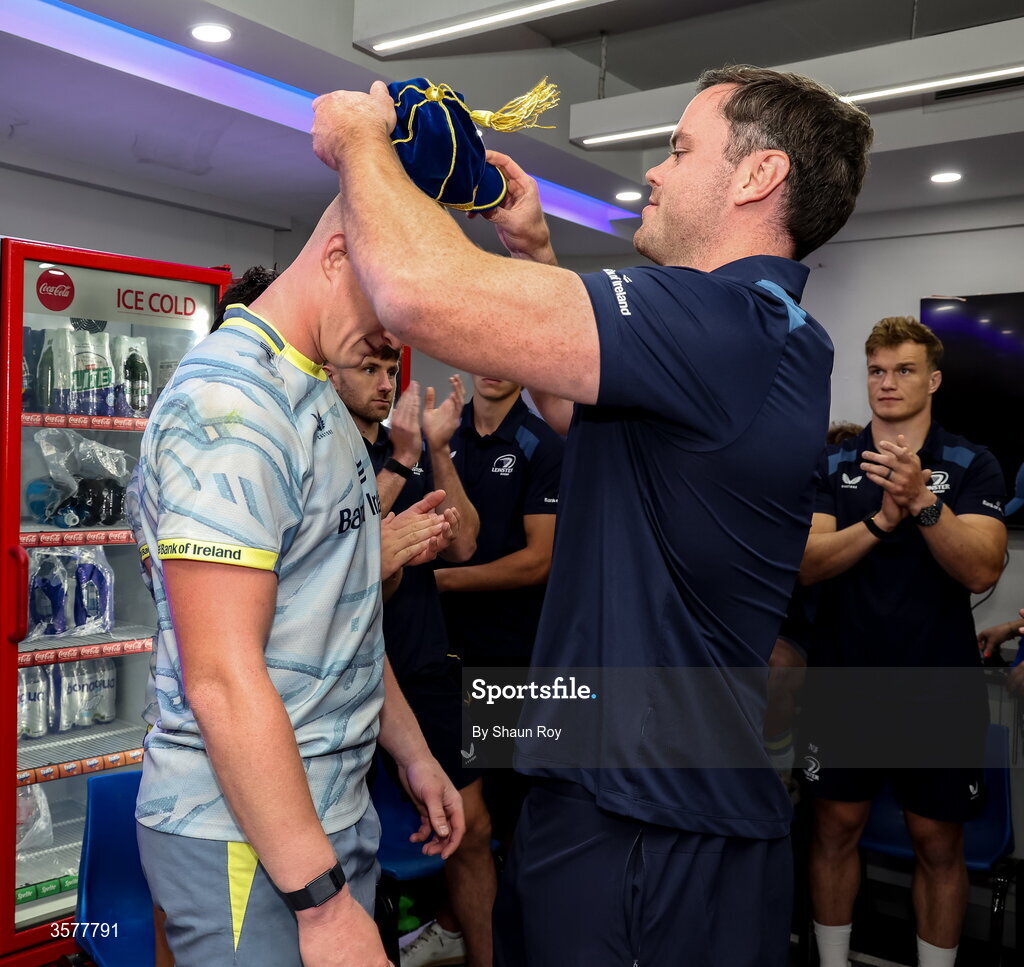 26 September 2026; Leinster debutant Dylan McNeice is presented with his first cap by teammate James Ryan after the United Rugby Championship match between Lions and Leinster at Ellis Park in Johannesburg, South Africa. Photo by Shaun Roy/Sportsfile