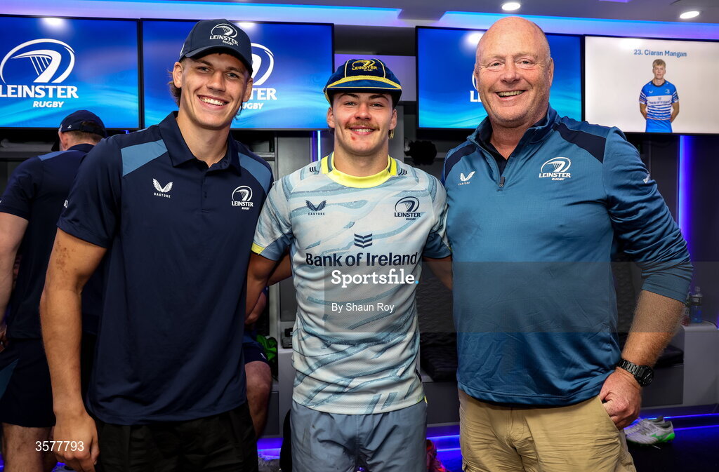 26 September 2026; Leinster debutant Todd Lawlor with his first cap alongside father Philip Lawlor, right, and teammate Sam Prendergast after the United Rugby Championship match between Lions and Leinster at Ellis Park in Johannesburg, South Africa. Photo by Shaun Roy/Sportsfile