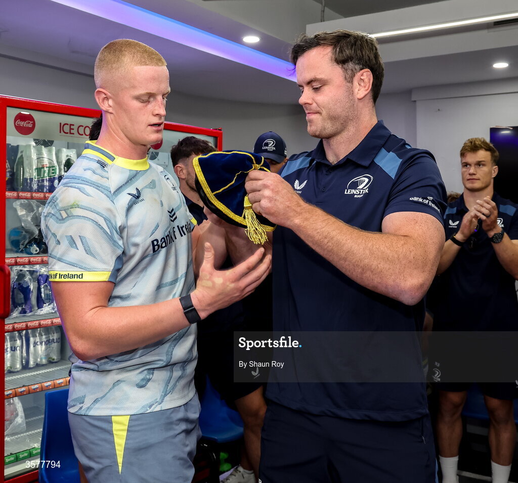 26 September 2026; Leinster debutant Dylan McNeice is presented with his first cap by teammate James Ryan after the United Rugby Championship match between Lions and Leinster at Ellis Park in Johannesburg, South Africa. Photo by Shaun Roy/Sportsfile