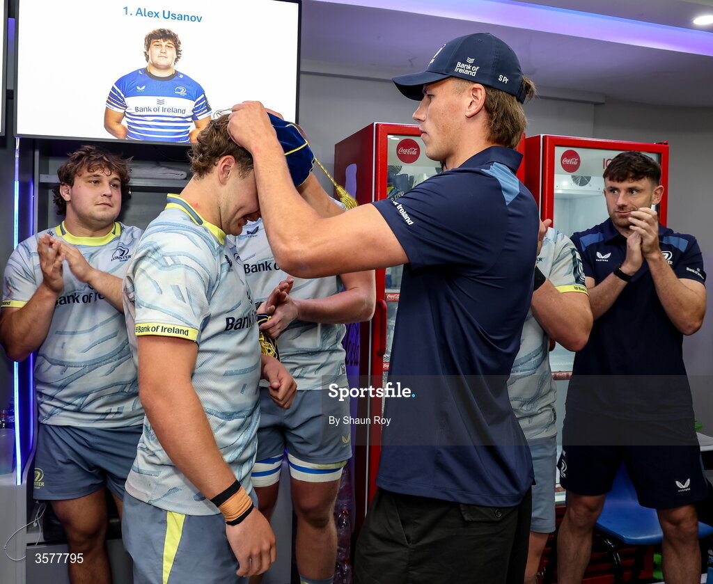 26 September 2026; Leinster debutant Todd Lawlor is presented with his first cap by teammate Sam Prendergast after the United Rugby Championship match between Lions and Leinster at Ellis Park in Johannesburg, South Africa. Photo by Shaun Roy/Sportsfile