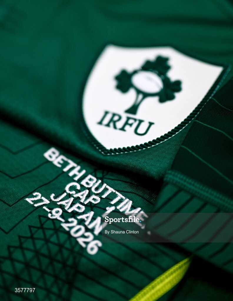 27 September 2026; The jersey of Beth Buttimer in the Ireland dressingroom before the WXV Global Series match between Ireland and Japan at Dexcom Stadium in Galway. Photo by Shauna Clinton/Sportsfile