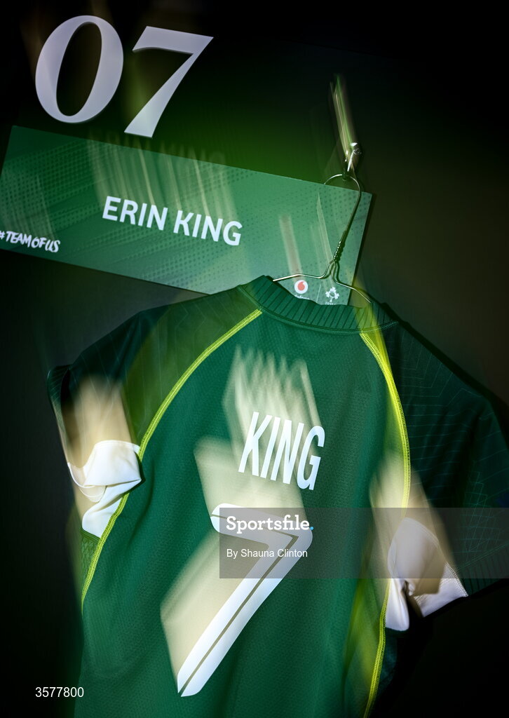 27 September 2026; The jersey of captain Erin King in the Ireland dressingroom before the WXV Global Series match between Ireland and Japan at Dexcom Stadium in Galway. Photo by Shauna Clinton/Sportsfile