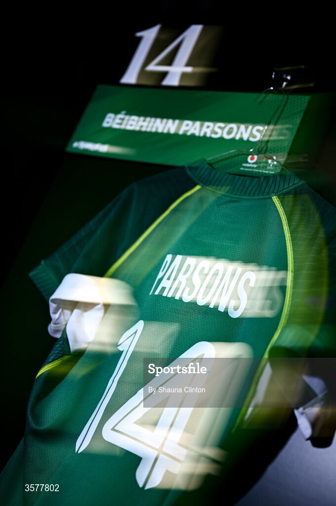 27 September 2026; The jersey of Béibhinn Parsons in the Ireland dressingroom before the WXV Global Series match between Ireland and Japan at Dexcom Stadium in Galway. Photo by Shauna Clinton/Sportsfile