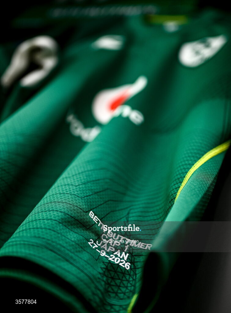 27 September 2026; The jersey of Beth Buttimer in the Ireland dressingroom before the WXV Global Series match between Ireland and Japan at Dexcom Stadium in Galway. Photo by Shauna Clinton/Sportsfile
