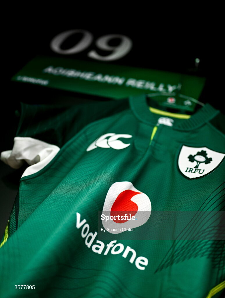 27 September 2026; The jersey of Aoibheann Reilly in the Ireland dressingroom before the WXV Global Series match between Ireland and Japan at Dexcom Stadium in Galway. Photo by Shauna Clinton/Sportsfile