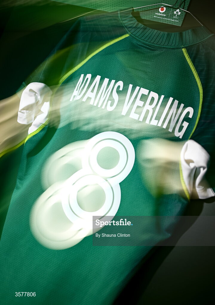 27 September 2026; The jersey of Jemima Adams Verling in the Ireland dressingroom before the WXV Global Series match between Ireland and Japan at Dexcom Stadium in Galway. Photo by Shauna Clinton/Sportsfile