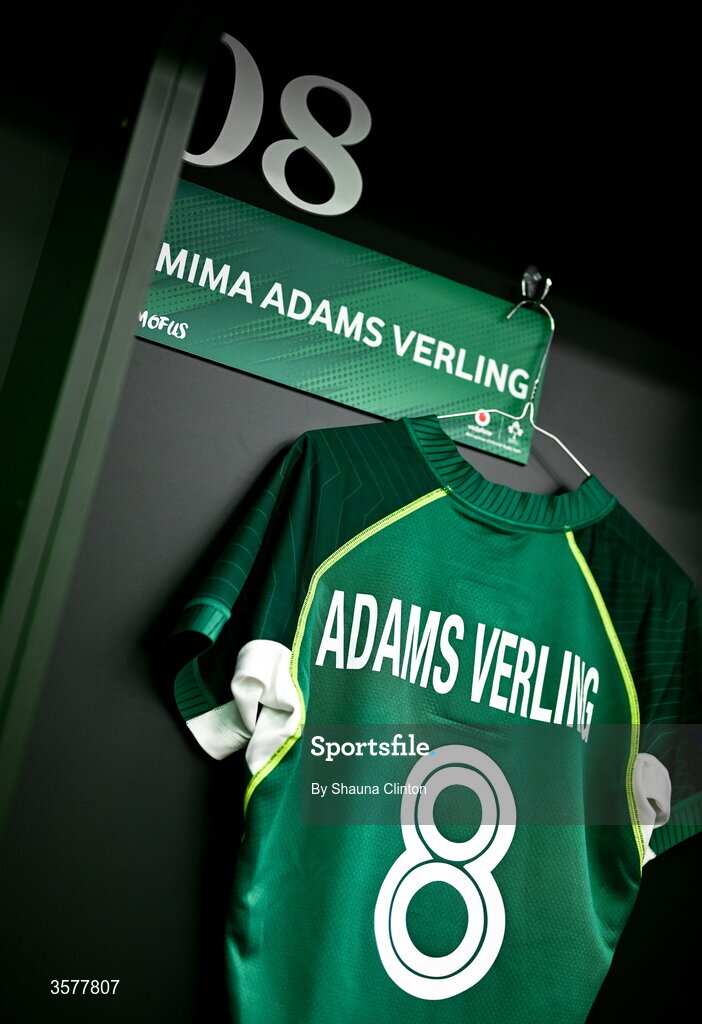 27 September 2026; The jersey of Jemima Adams Verling in the Ireland dressingroom before the WXV Global Series match between Ireland and Japan at Dexcom Stadium in Galway. Photo by Shauna Clinton/Sportsfile