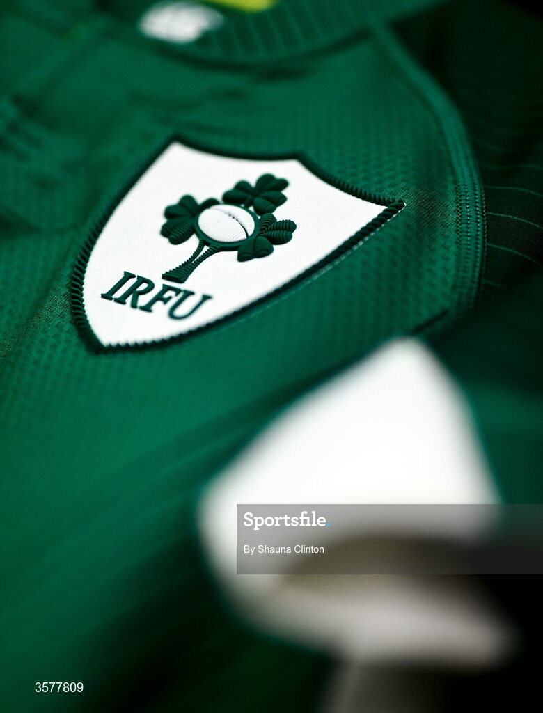 27 September 2026; The crest on the jersey of Fiona Tuite-O'Sullivan in the Ireland dressingroom before the WXV Global Series match between Ireland and Japan at Dexcom Stadium in Galway. Photo by Shauna Clinton/Sportsfile