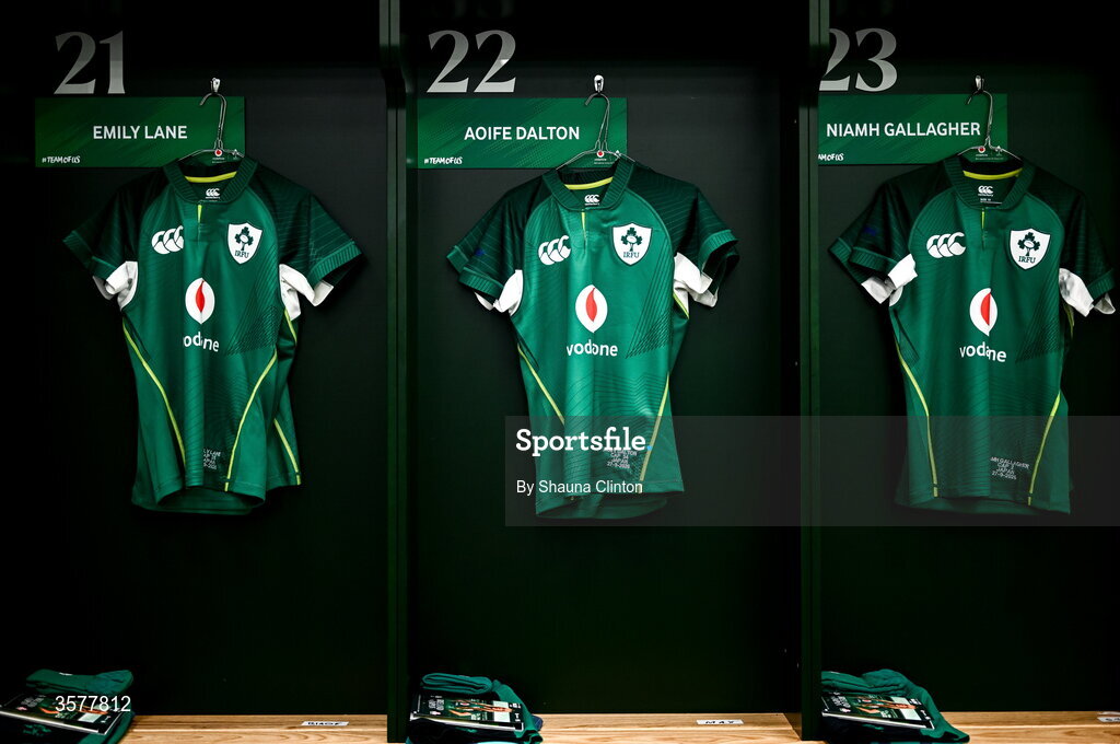 27 September 2026; The jerseys of Emily Lane, Aoife Dalton and Niamh Gallagher in the Ireland dressingroom before the WXV Global Series match between Ireland and Japan at Dexcom Stadium in Galway. Photo by Shauna Clinton/Sportsfile