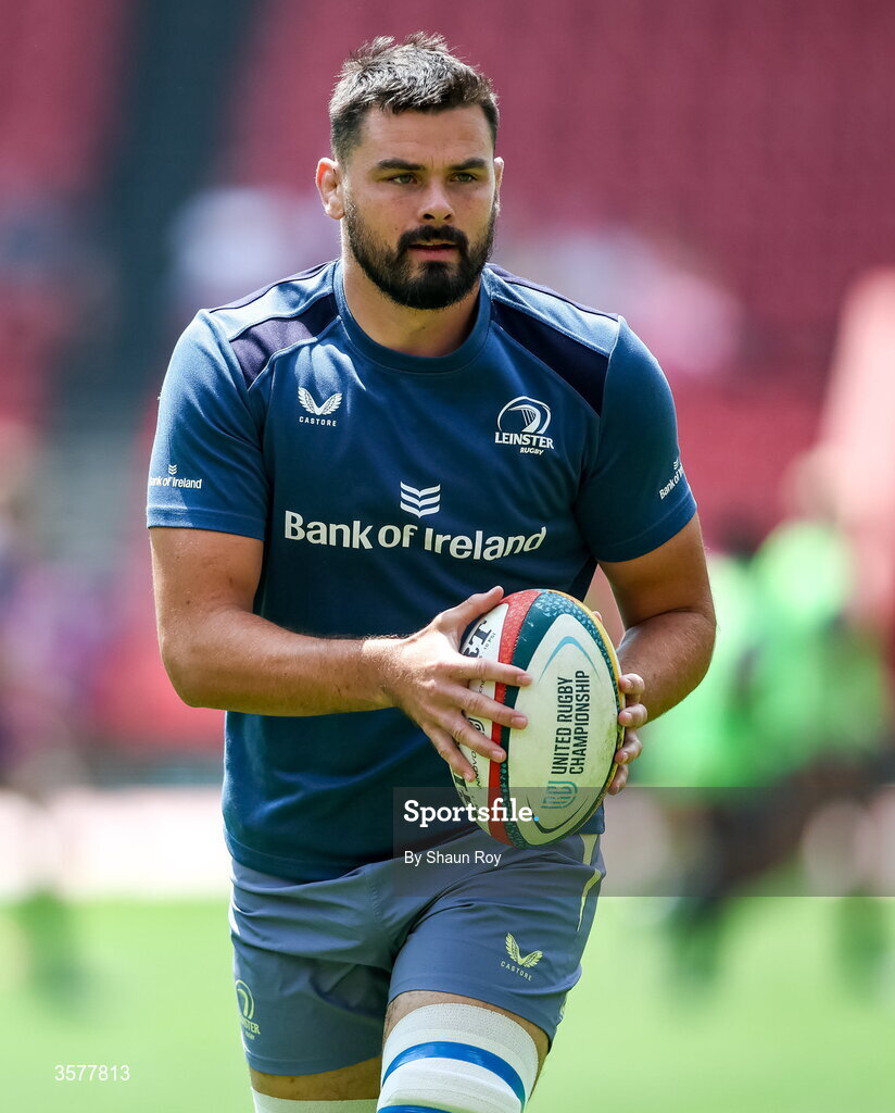 26 September 2026; Max Deegan of Leinster warms up before during the United Rugby Championship match between Lions and Leinster at Ellis Park in Johannesburg, South Africa. Photo by Shaun Roy/Sportsfile