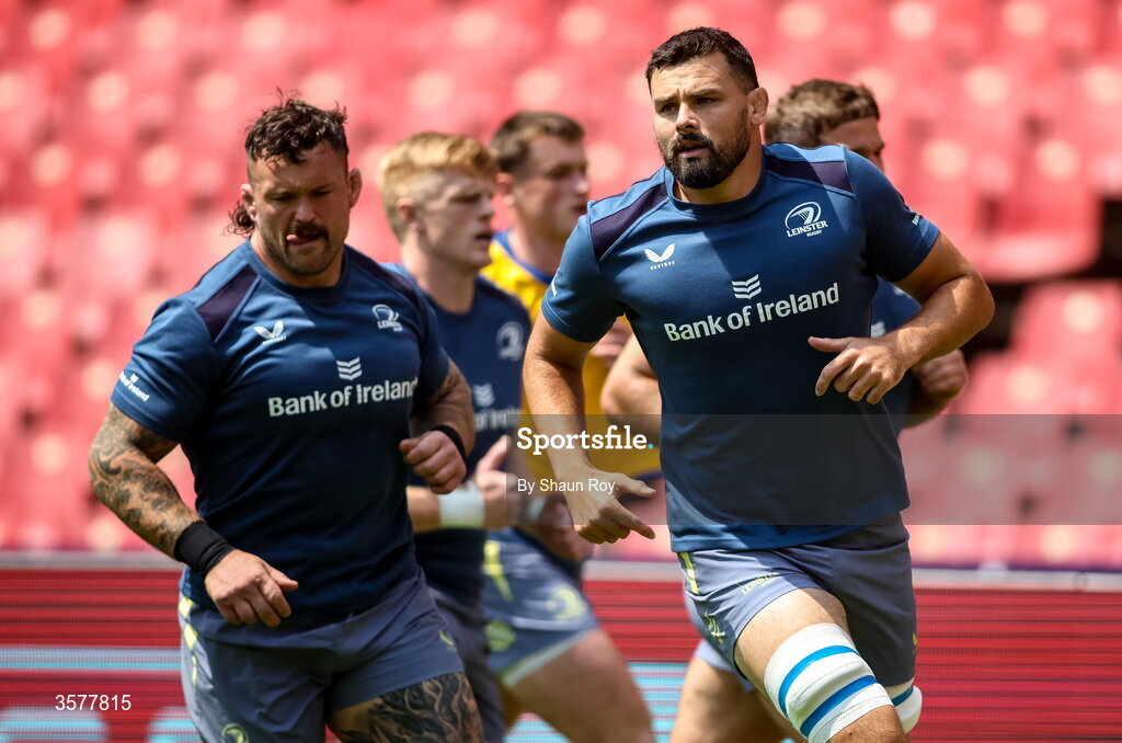 26 September 2026; Leinster captain Max Deegan leads his side in the warm up before during the United Rugby Championship match between Lions and Leinster at Ellis Park in Johannesburg, South Africa. Photo by Shaun Roy/Sportsfile