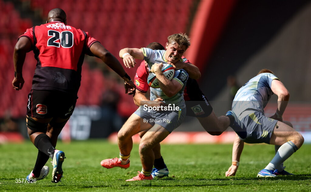 26 September 2026; Fintan Gunne of Leinster is tackled during the United Rugby Championship match between Lions and Leinster at Ellis Park in Johannesburg, South Africa. Photo by Shaun Roy/Sportsfile