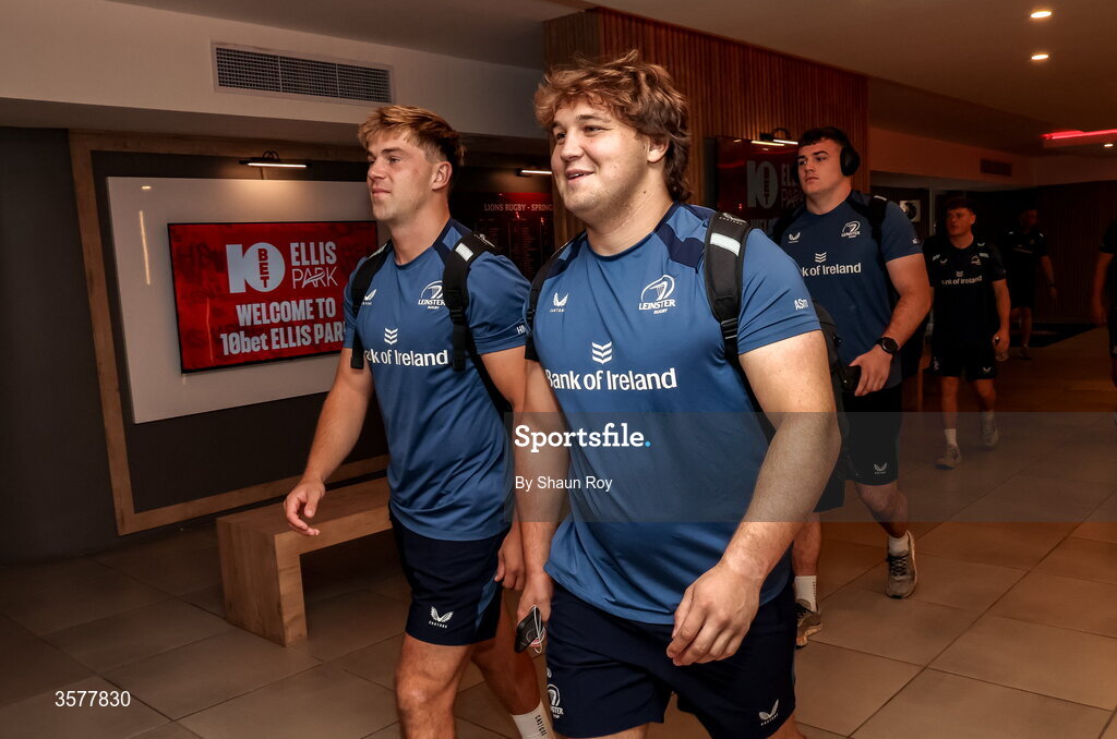 26 September 2026; Hugo McLaughlin, left, and Alex Usanov of Leinster arrive before during the United Rugby Championship match between Lions and Leinster at Ellis Park in Johannesburg, South Africa. Photo by Shaun Roy/Sportsfile