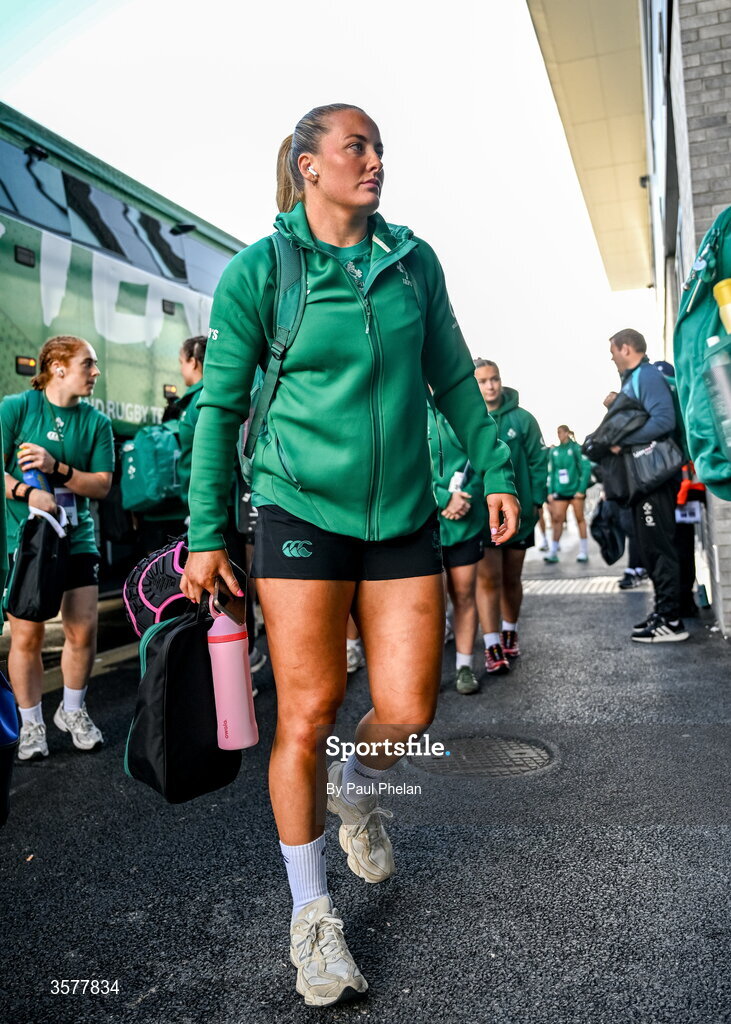 27 September 2026; Fiona Tuite-O'Sullivan of Ireland arrives before the WXV Global Series match between Ireland and Japan at Dexcom Stadium in Galway. Photo by Paul Phelan/Sportsfile