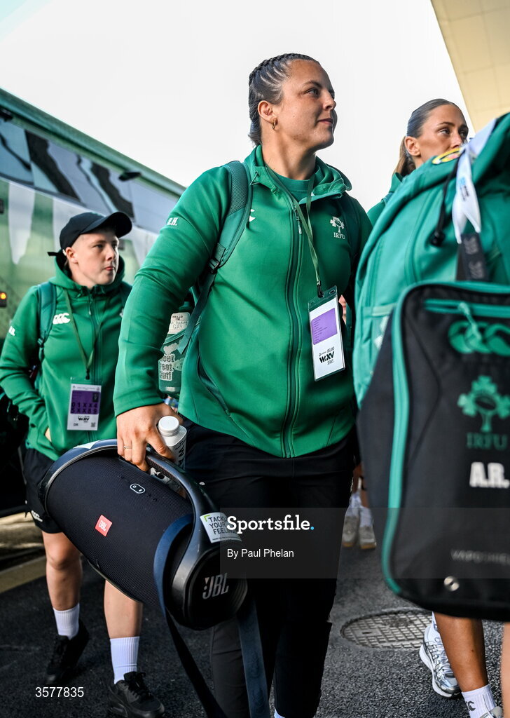 27 September 2026; Brittany Hogan of Ireland arrives before the WXV Global Series match between Ireland and Japan at Dexcom Stadium in Galway. Photo by Paul Phelan/Sportsfile