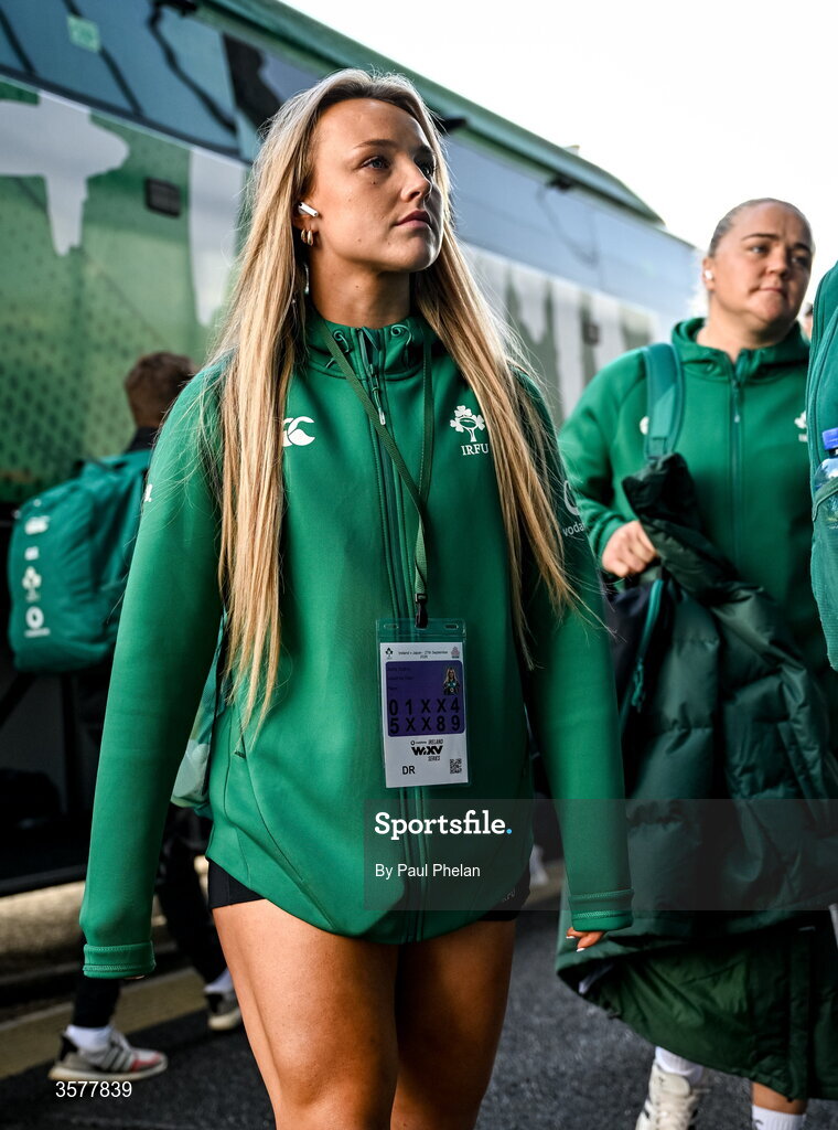 27 September 2026; Aoife Dalton of Ireland arrives before the WXV Global Series match between Ireland and Japan at Dexcom Stadium in Galway. Photo by Paul Phelan/Sportsfile