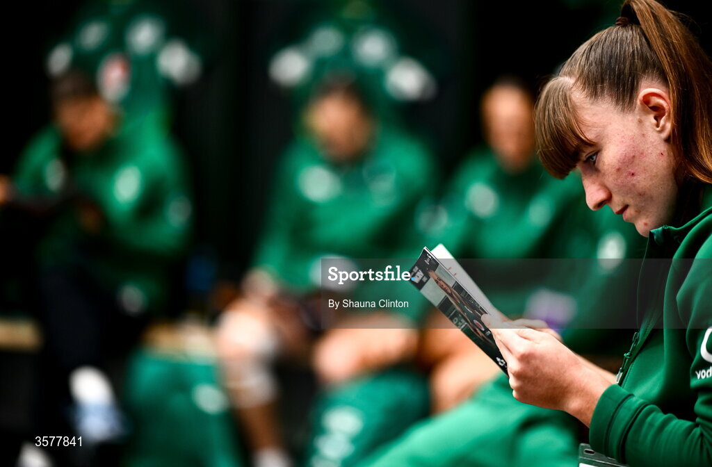 27 September 2026; Niamh Gallagher in the Ireland dressingroom before the WXV Global Series match between Ireland and Japan at Dexcom Stadium in Galway. Photo by Shauna Clinton/Sportsfile