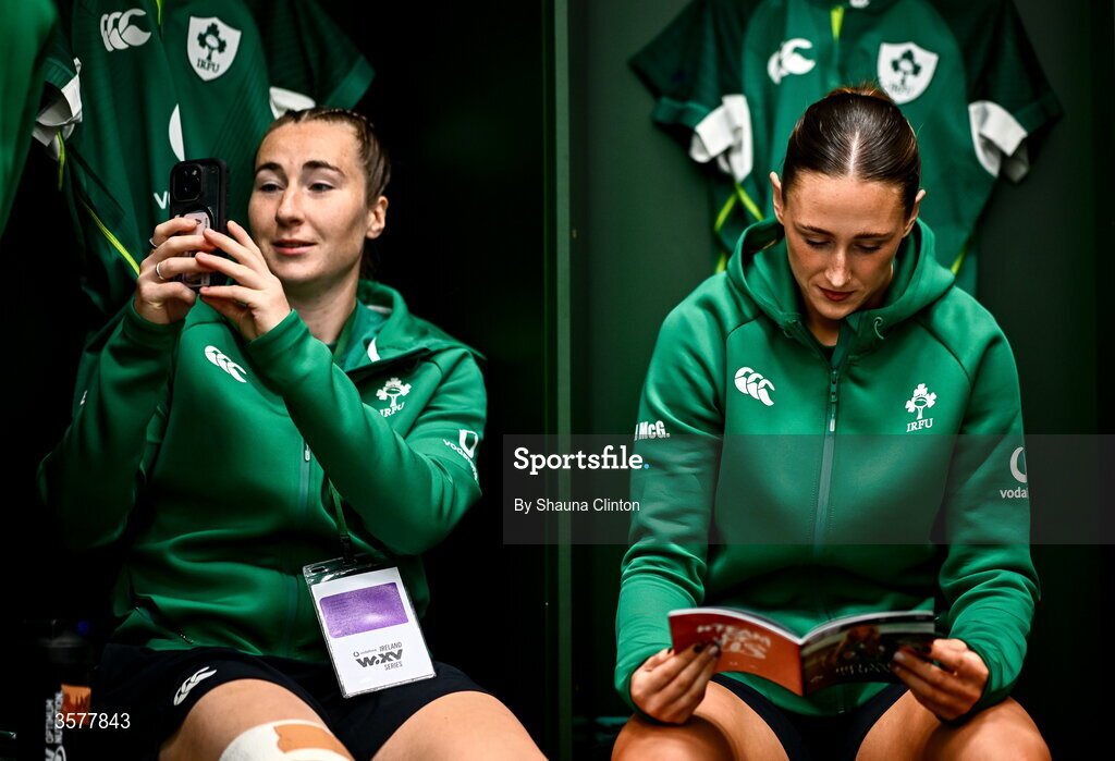 27 September 2026; Eve Higgins, left, and Anna McGann in the Ireland dressingroom before the WXV Global Series match between Ireland and Japan at Dexcom Stadium in Galway. Photo by Shauna Clinton/Sportsfile