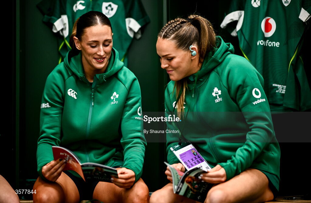 27 September 2026; Anna McGann, left, and Béibhinn Parsons in the Ireland dressingroom before the WXV Global Series match between Ireland and Japan at Dexcom Stadium in Galway. Photo by Shauna Clinton/Sportsfile