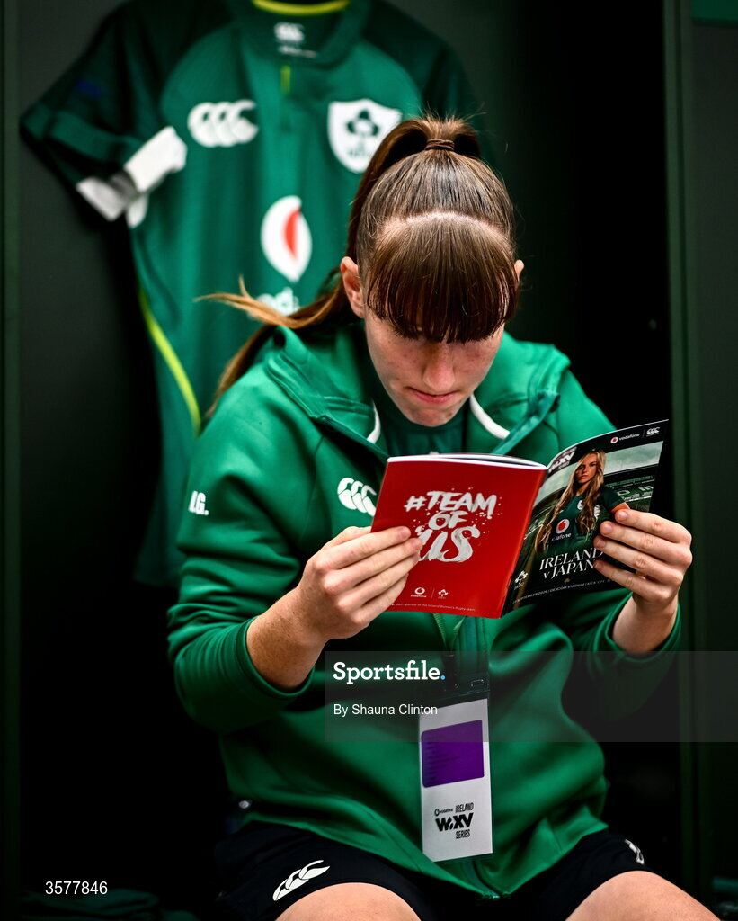 27 September 2026; Niamh Gallagher in the Ireland dressingroom before the WXV Global Series match between Ireland and Japan at Dexcom Stadium in Galway. Photo by Shauna Clinton/Sportsfile