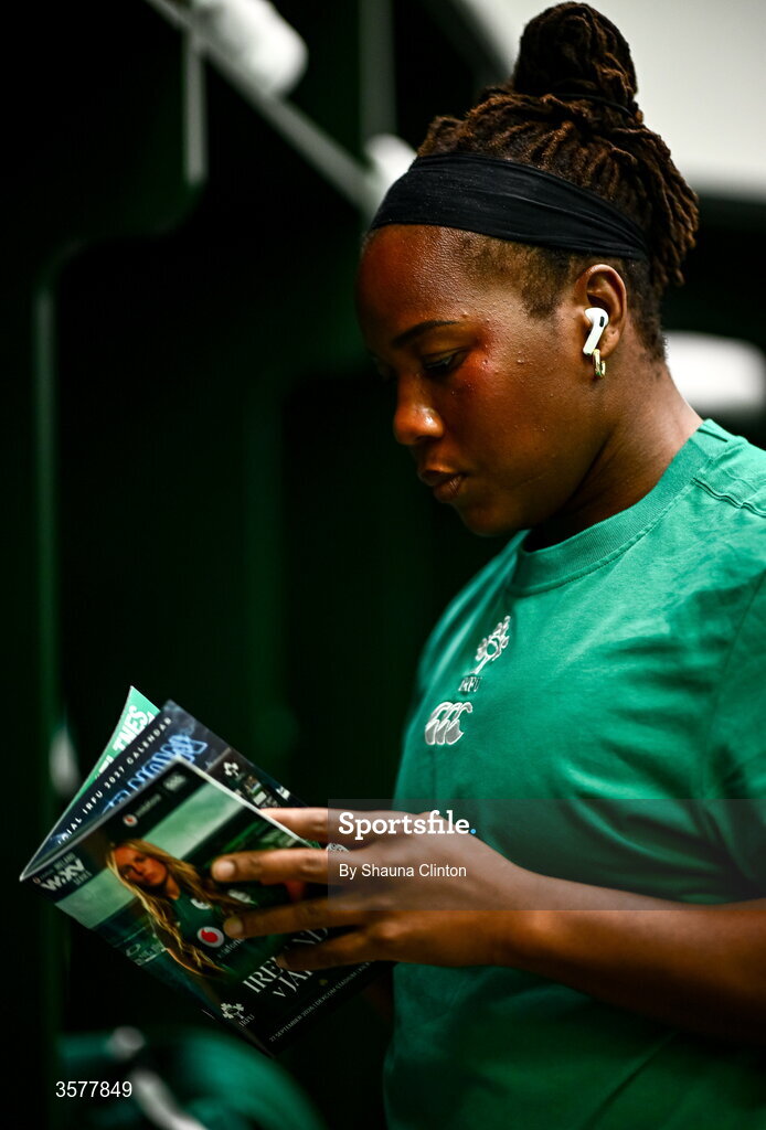27 September 2026; Linda Djougang in the Ireland dressingroom before the WXV Global Series match between Ireland and Japan at Dexcom Stadium in Galway. Photo by Shauna Clinton/Sportsfile