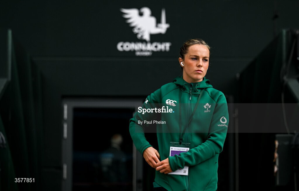27 September 2026; Aoibheann Reilly of Ireland walks the pitch before the WXV Global Series match between Ireland and Japan at Dexcom Stadium in Galway. Photo by Paul Phelan/Sportsfile