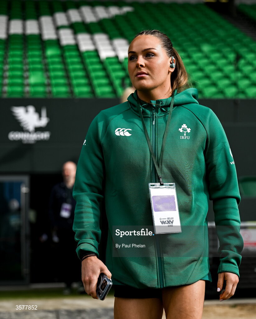 27 September 2026; Béibhinn Parsons of Ireland walks the pitch before the WXV Global Series match between Ireland and Japan at Dexcom Stadium in Galway. Photo by Paul Phelan/Sportsfile