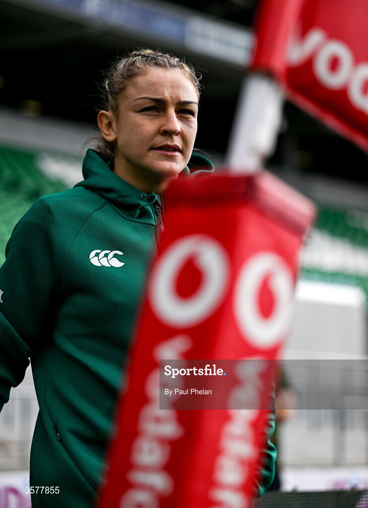 27 September 2026; Ireland captain Erin King walks the pitch before the WXV Global Series match between Ireland and Japan at Dexcom Stadium in Galway. Photo by Paul Phelan/Sportsfile
