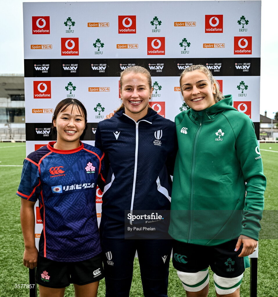 27 September 2026; Referee Ella Goldsmith with team captains Moe Tsukui of Japan, left, and Erin King of Ireland before the WXV Global Series match between Ireland and Japan at Dexcom Stadium in Galway. Photo by Paul Phelan/Sportsfile