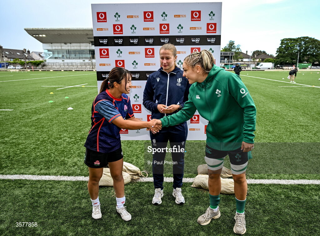 27 September 2026; Team captains Moe Tsukui of Japan, left, and Erin King of Ireland shake hands in the company of referee Ella Goldsmith, before the WXV Global Series match between Ireland and Japan at Dexcom Stadium in Galway. Photo by Paul Phelan/Sportsfile