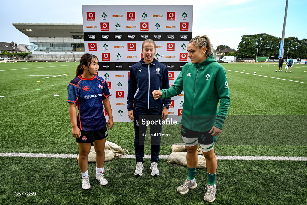 27 September 2026; Ireland captain Erin King, right, performs the coin toss, in the company of referee Ella Goldsmith and Japan captain Moe Tsukui, before the WXV Global Series match between Ireland and Japan at Dexcom Stadium in Galway. Photo by Paul Phelan/Sportsfile