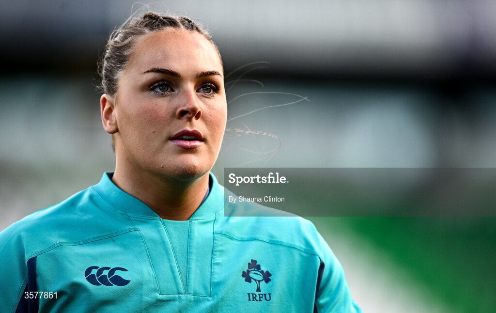 27 September 2026; Béibhinn Parsons of Ireland walks the pitch before the WXV Global Series match between Ireland and Japan at Dexcom Stadium in Galway. Photo by Shauna Clinton/Sportsfile