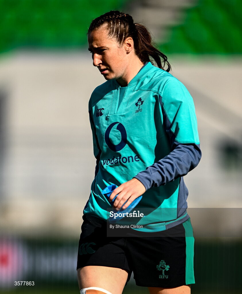 27 September 2026; Eve Higgins of Ireland walks the pitch before the WXV Global Series match between Ireland and Japan at Dexcom Stadium in Galway. Photo by Shauna Clinton/Sportsfile