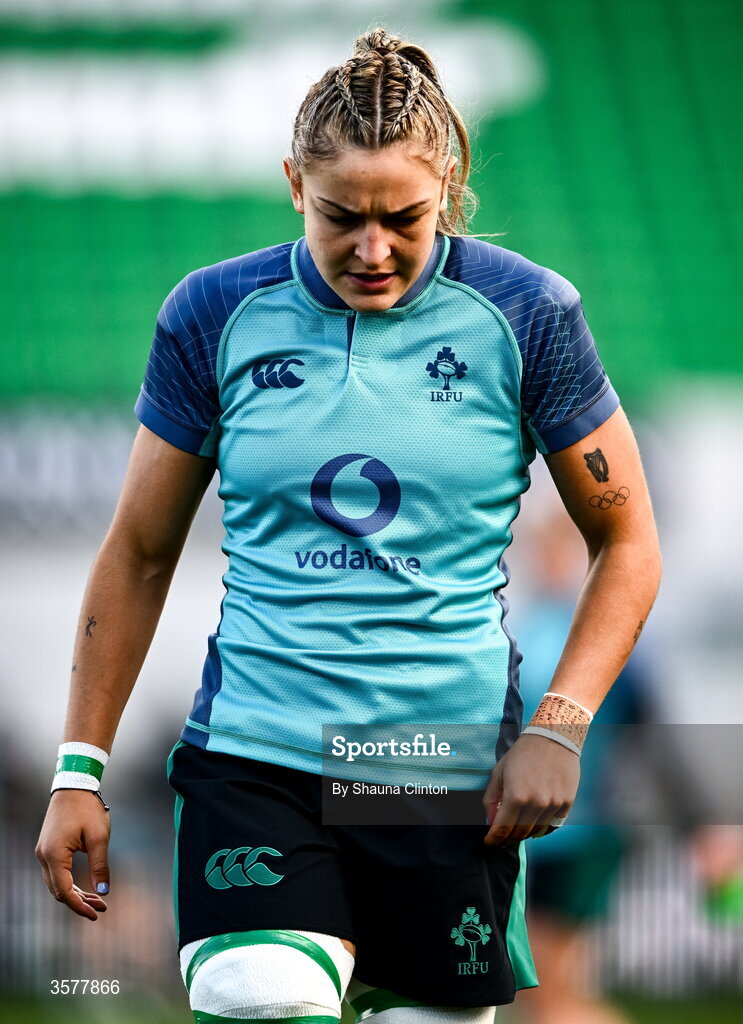 27 September 2026; Ireland captain Erin King walks the pitch before the WXV Global Series match between Ireland and Japan at Dexcom Stadium in Galway. Photo by Shauna Clinton/Sportsfile