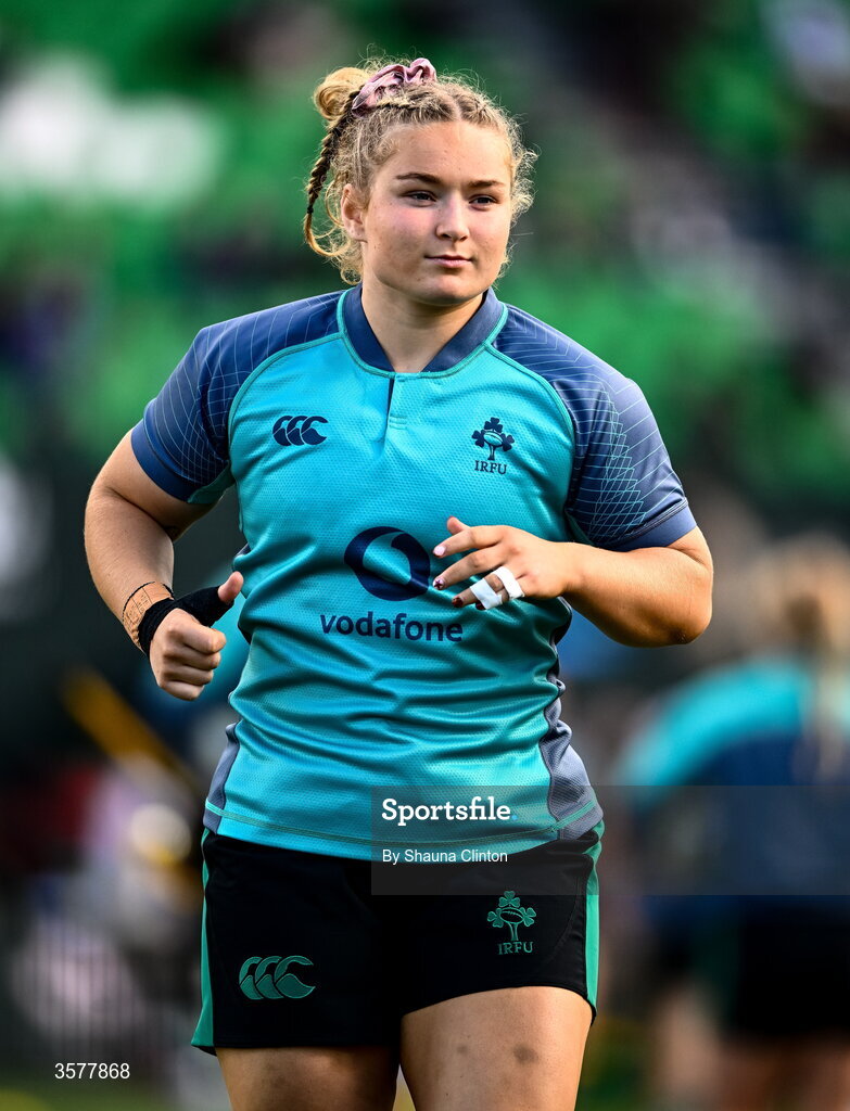 27 September 2026; Sadhbh McGrath of Ireland walks the pitch before the WXV Global Series match between Ireland and Japan at Dexcom Stadium in Galway. Photo by Shauna Clinton/Sportsfile
