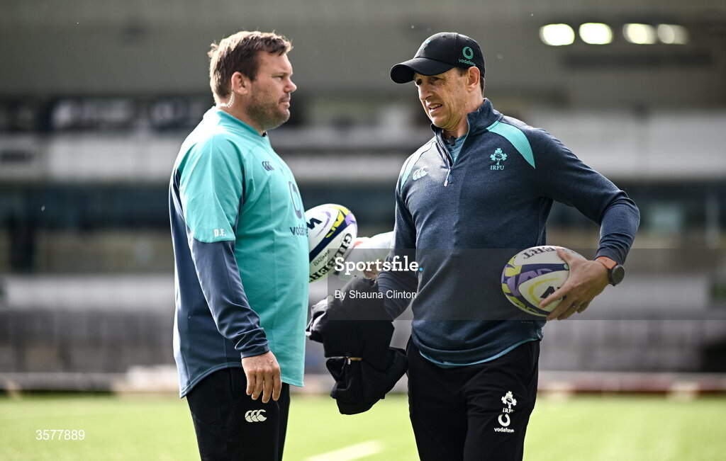 27 September 2026; Ireland head coach Scott Bemand, right, and scrum coach Denis Fogarty before the WXV Global Series match between Ireland and Japan at Dexcom Stadium in Galway. Photo by Shauna Clinton/Sportsfile